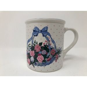 Floral Coffee Mug Creative Concepts 1993 Blue Basket Pink Flowers Polka Dots